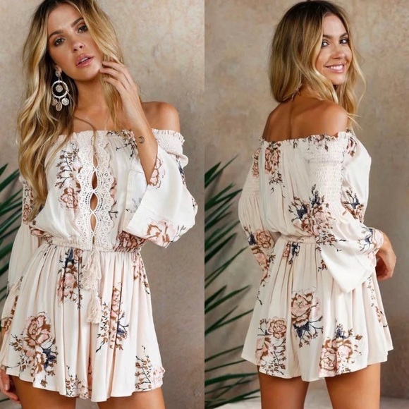 Off Shoulder Cream Floral Smocked Short Romper - Picture 1 of 8